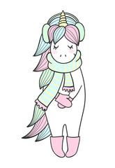 Magic unicorn with winter accessories. Winter lettering.