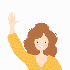 Woman in a yellow sweater is smiling and waving. Vector illustration.
