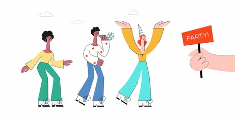 Vector stylized female characters near hands holding placard signpost with party signage dancing in party hat, making selfie. Office women colleagues or friends