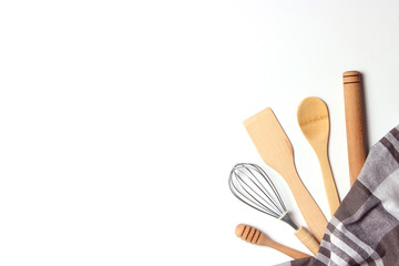 different kitchenware on a light background top view. Cooking appliances. flat lay 