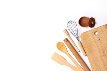different kitchenware on a light background top view. Cooking appliances. flat lay 