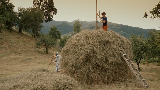 Father and children building a haystack