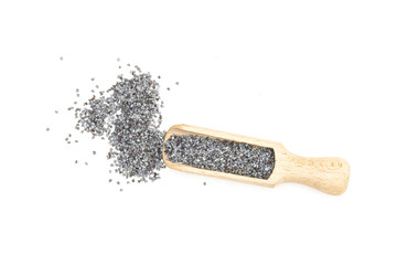 Lot of whole czech blue poppy seeds with wooden scoop flatlay isolated on white background