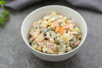 Russian salad in white bowl. National cuisine. Russian traditional salad Olivier for New Year party.