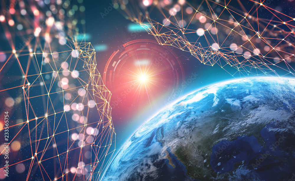 Wall mural planet earth in the era of digital technology. global communication networks of future. data storage