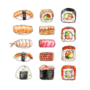 Watercolor hand painted sushi food illustration set on white background