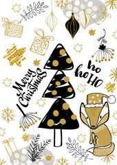 Merry Christmas creative handdrown design card with fox.