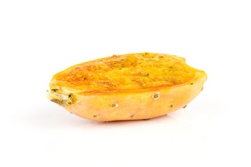 One half of orange yellow fresh bright prickly pear opuntia isolated on white background