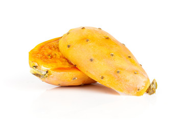 Group of two halves of orange amber fresh bright prickly pear opuntia isolated on white background