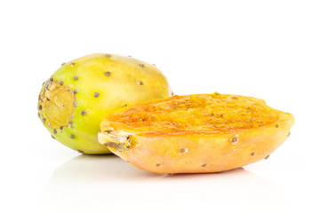 Group of one whole one half of yellow amber green fresh bright prickly pear opuntia isolated on white background