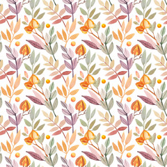 Fototapeta premium Watercolor hand-painted botanical floral leaves illustration seamless pattern on white background