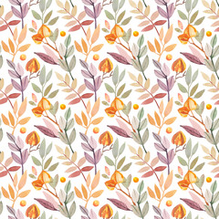 Watercolor hand-painted botanical floral leaves illustration seamless pattern on white background