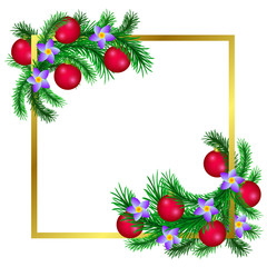 Sprigs of Christmas tree decorated with blue flowers and pink balls and gold frame.