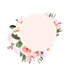 Watercolor hand-painted floral botanical peonies and leaves wedding illustration template on white background