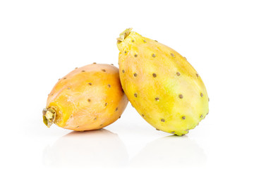 Group of two whole orange yellow fresh bright prickly pear opuntia isolated on white background