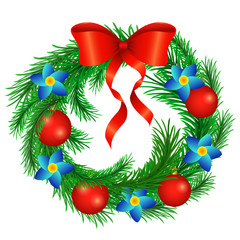 Christmas wreath decorated with a red bow with blue flowers and red balls.