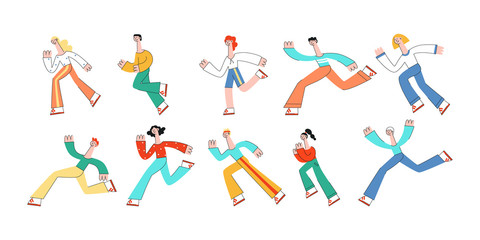 Fototapeta na wymiar Running people vector illustration set in modern flat style. Various men and women in sportswear moving fast and active isolated on white background for healthcare and sporty lifestyle concept.