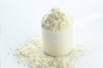 Health: Scoop of Whey Protein on White Background Shot in Studio 