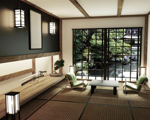 interior design,modern living room with table katana sword lamp and bonsai tree on room tatami mat floor,The design is hard to find. 3d rendering
