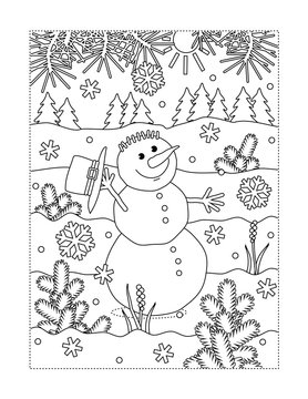 Winter holidays joy themed coloring page with happy cheerful snowman walking outdoor
