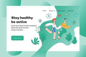 People in sportswear running outdoors among trees on website template with sport equipment in vector illustration. Flat man and woman doing cardio workout for healthy and active lifestyle concept.
