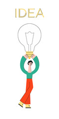 Vector happy man holding light bulb with idea inscription. Businessman and symbol of brainstorming, creativity. Male character and innovation management business solution concept Isolated illustration