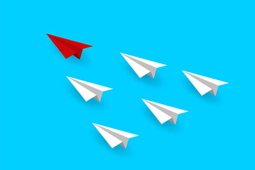 Paper plane red and white are competition to destination go to success goal. on background blue. business financial concept. leadership. creative idea. cartoon vector illustration. startup