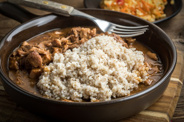 Barley groats with stewed meat.
