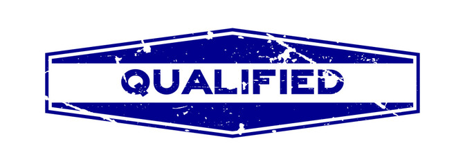 Fototapeta premium Grunge blue qualified hexagon rubber seal stamp on white background