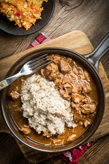 Barley groats with stewed meat.