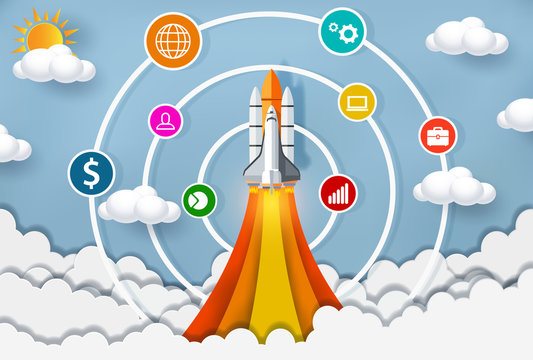 space shuttle launch to the sky. start up business concept ,financial idea are competing for success and corporate goal. creative. icon. cartoon vector illustration paper art © Ton Forio