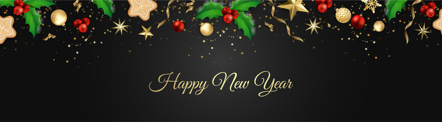 Banner with Christmas balls and stars. Great for New year party posters, headers.