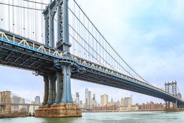 Fototapeta na wymiar Manhattan bridge close with lower Manhattan from Brooklyn side in New York, NY, USA