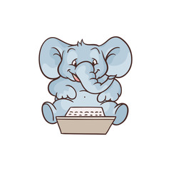 Cheerful sketch elephant animal sitting typing at laptop lying at his knees. Cute pets characters and modern computer technologies and communication. Vector hand drawn illustration