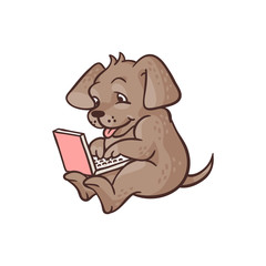 Cheerful sketch dog animal sitting at floor with laptop on kneets typing. Cute pets characters and modern computer technologies and communication. Vector hand drawn illustration