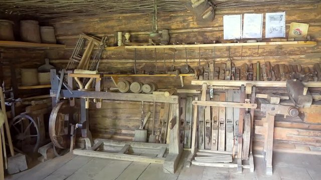 Old Carpentry Workshop Interior With Wooden Tools