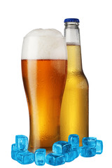 beer with a beer mug and ice cubes