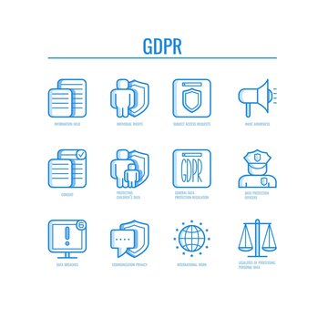 GDPR icons vector illustration set with various symbols depicting general data protection regulation principles in thin line art - isolated security and safety of private information concept.