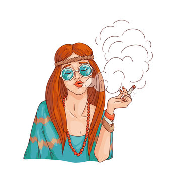Vector hippie girl smoking cannabis. 70s hipster woman rastaman in  sunglasses with marijuana cigarette. Female sketch character smoking weed  as sign of peace and freedom Stock Vector | Adobe Stock