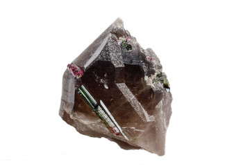 Macro mineral tourmaline stone in quartz on a white background