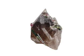 Macro mineral tourmaline stone in quartz on a white background