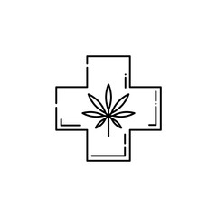 Vector cannabis legalization and marijuana benefits in medicine concept icon. Hemp leaf in cross line icon. Weed used as antidepressant and medication, isolated illustration