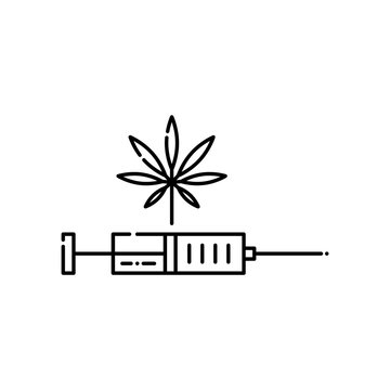 Cannabis leaf and syringe with injection line icon - thin outline symbol of medical equipment with marijuana. Isolated vector illustration of drug consumption or hemp legalization concept.