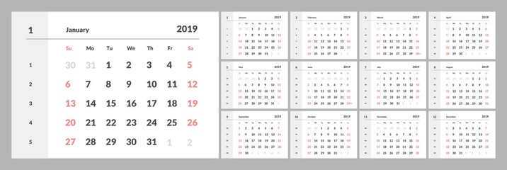 Calendar for 2019 year with numbers of days of weeks. Eps 10