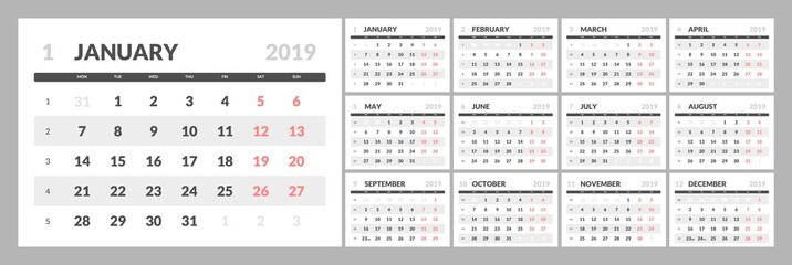 Year 2019 calendar horizontal vector design template with numbers of days of weeks. Week Starts Monday.