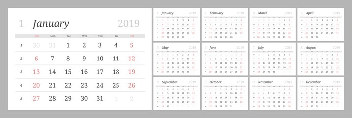 Year 2019 calendar horizontal vector design template with numbers of days of weeks. Week Starts Sunday.