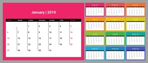 Colorful calendar for 2019 new year printable