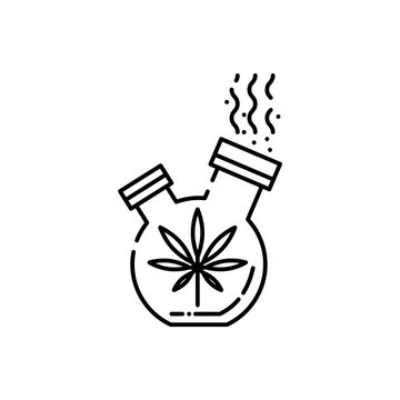 Bong for smoking cannabis line icon - thin outline symbol of stuff for smoke weed with marijuana leaf isolated on white background. Vector illustration of apparatus for drug consumption.