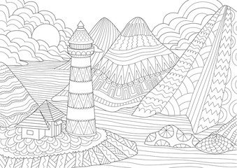 Coloring Page. Coloring Book for adults. Colouring pictures of light house among mountains,sun and rocks. Antistress freehand sketch drawing with doodle and zentangle elements.