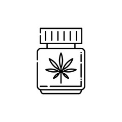 CBD oil in bottle with cannabis leaf line icon - thin outline symbol of medical and pharmacy use of marijuana isolated on white background, vector illustration of marihuana legalization.